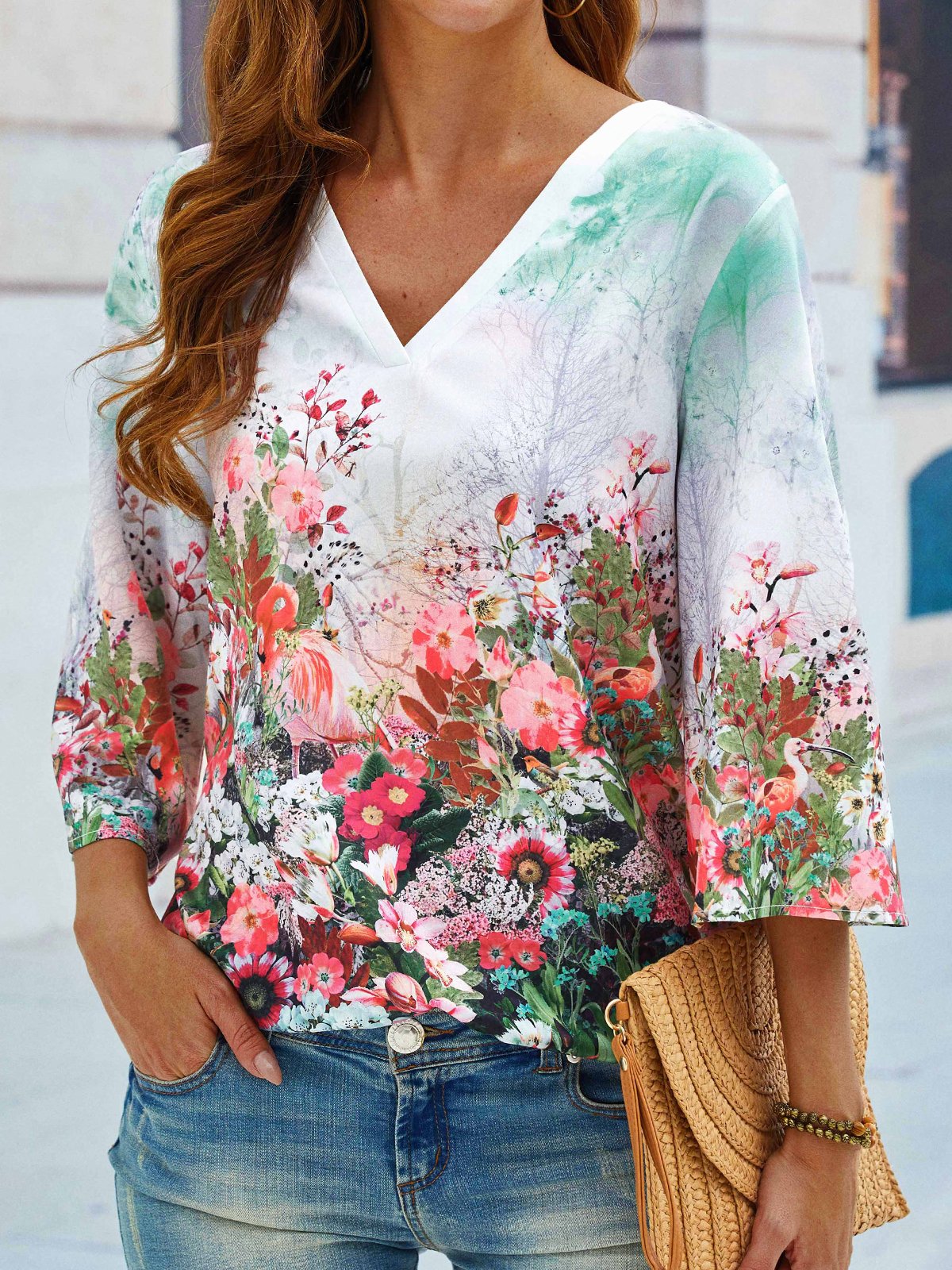 Floral Cuello Pico Casual Top