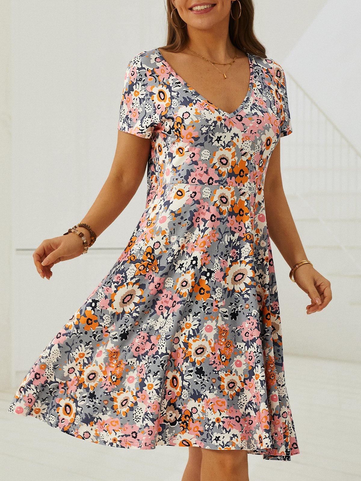 Floral Casual Regular Ajuste Manga Corta Tejer Vestido