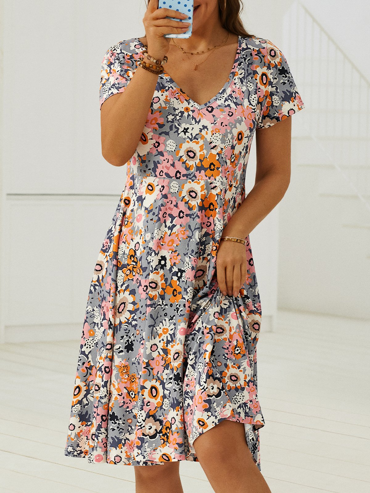 Floral Casual Regular Ajuste Manga Corta Tejer Vestido