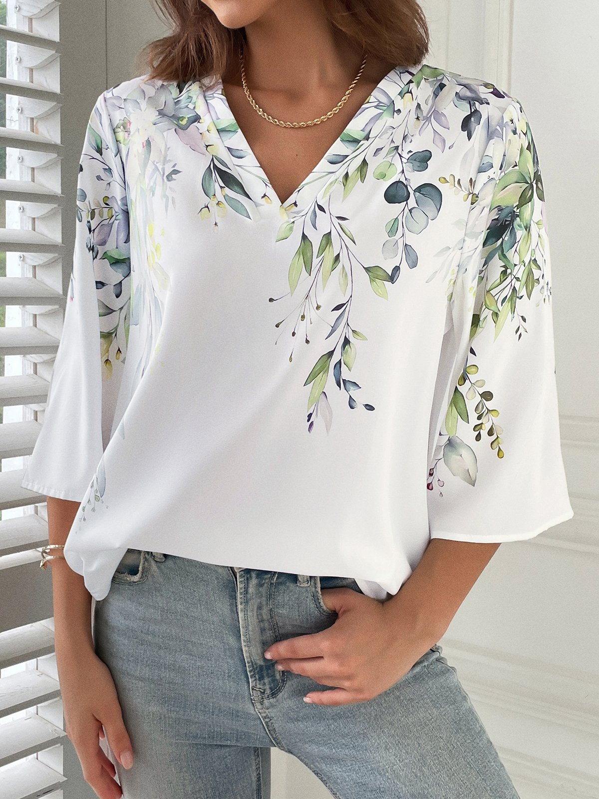 Casual Flojo Floral Cuello Pico Camisa