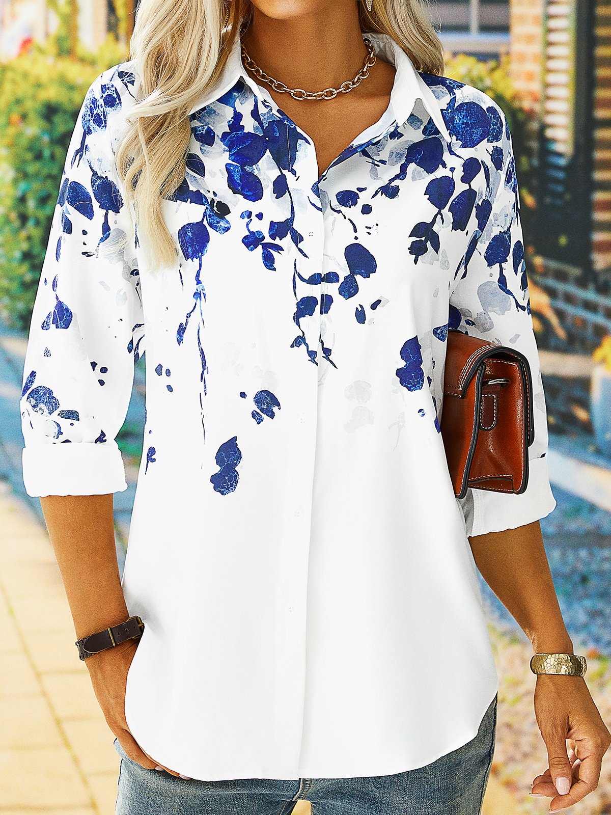 Manga Larga Floral-Estampado Cuello Camisero Casual Blusa