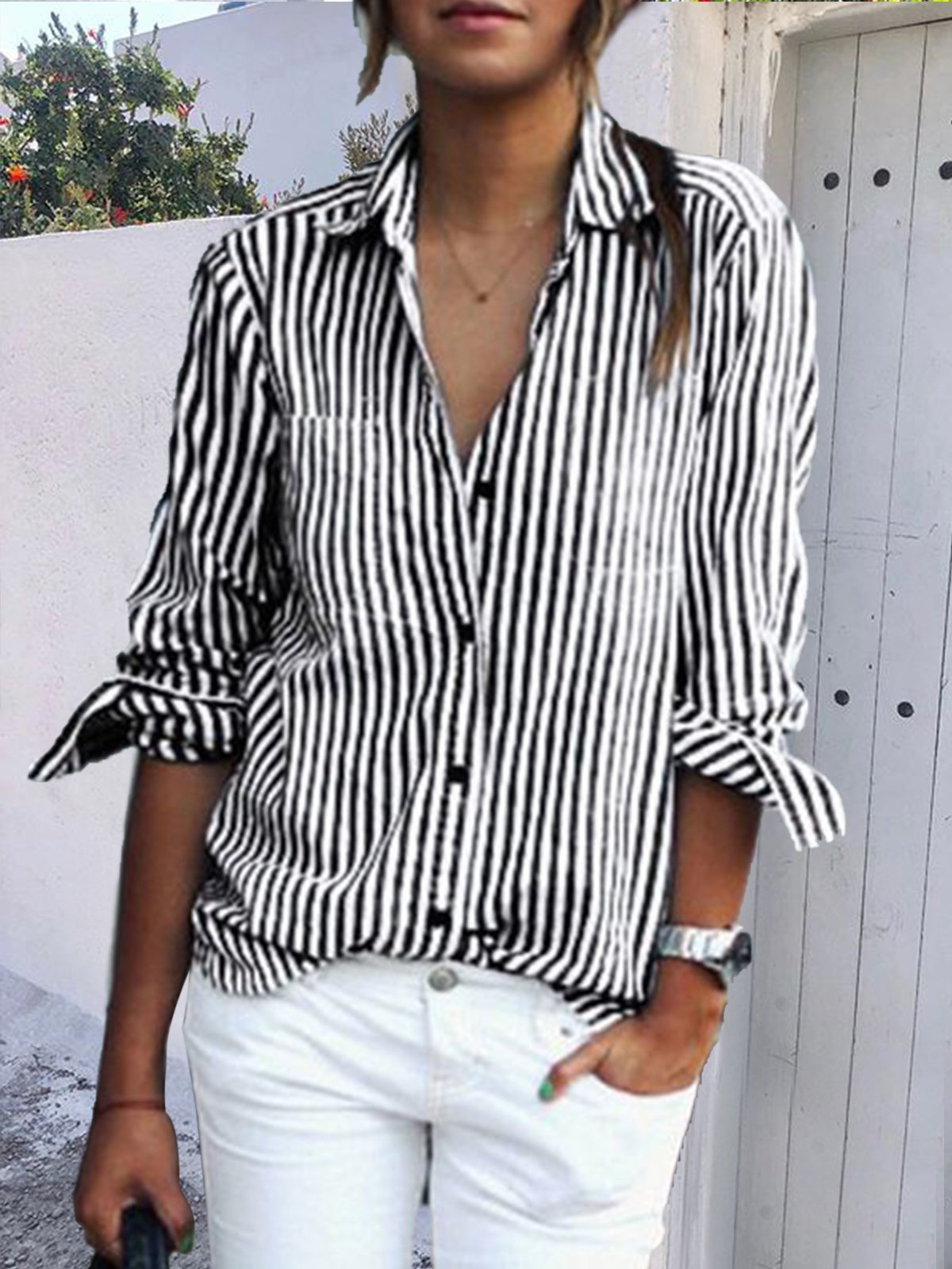 Cuello Camisero Botón Manga Larga Rayas Casual Talla Grande Camisa