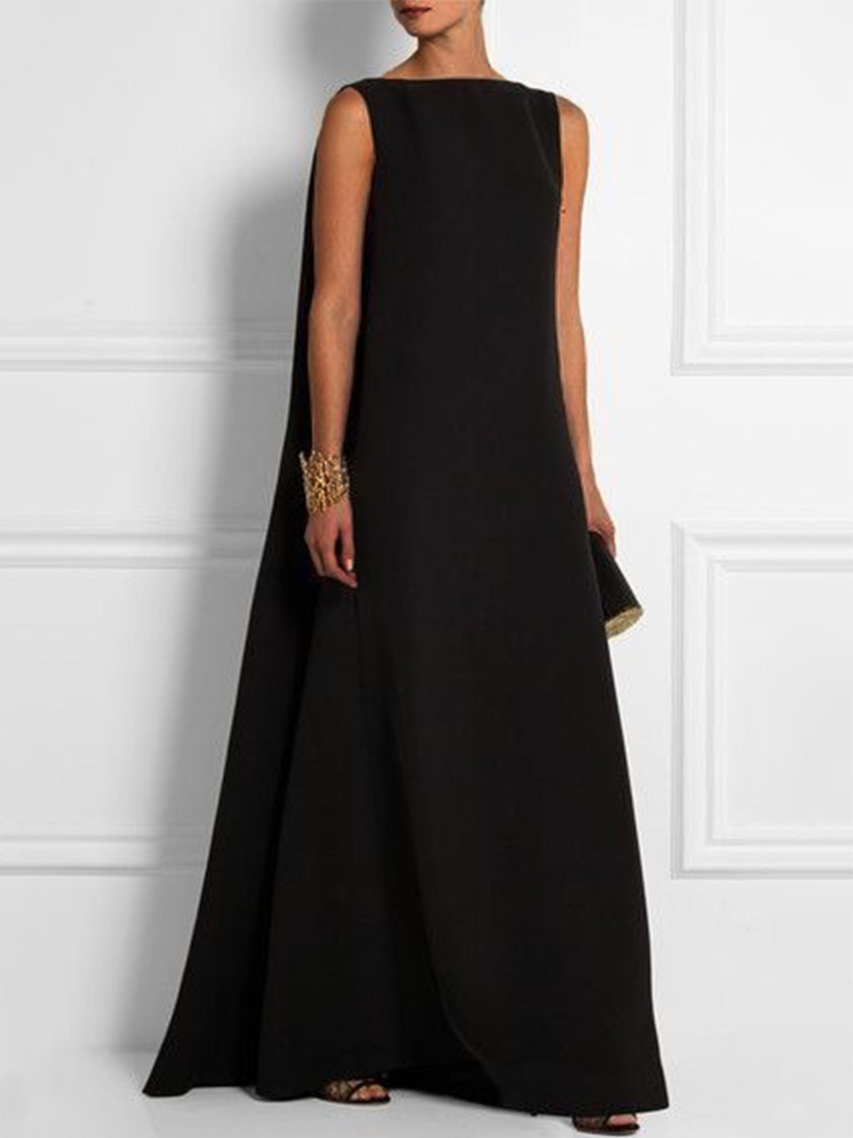 Fiesta Elegante Liso Negro Talla Grande Sin Mangas Vestido