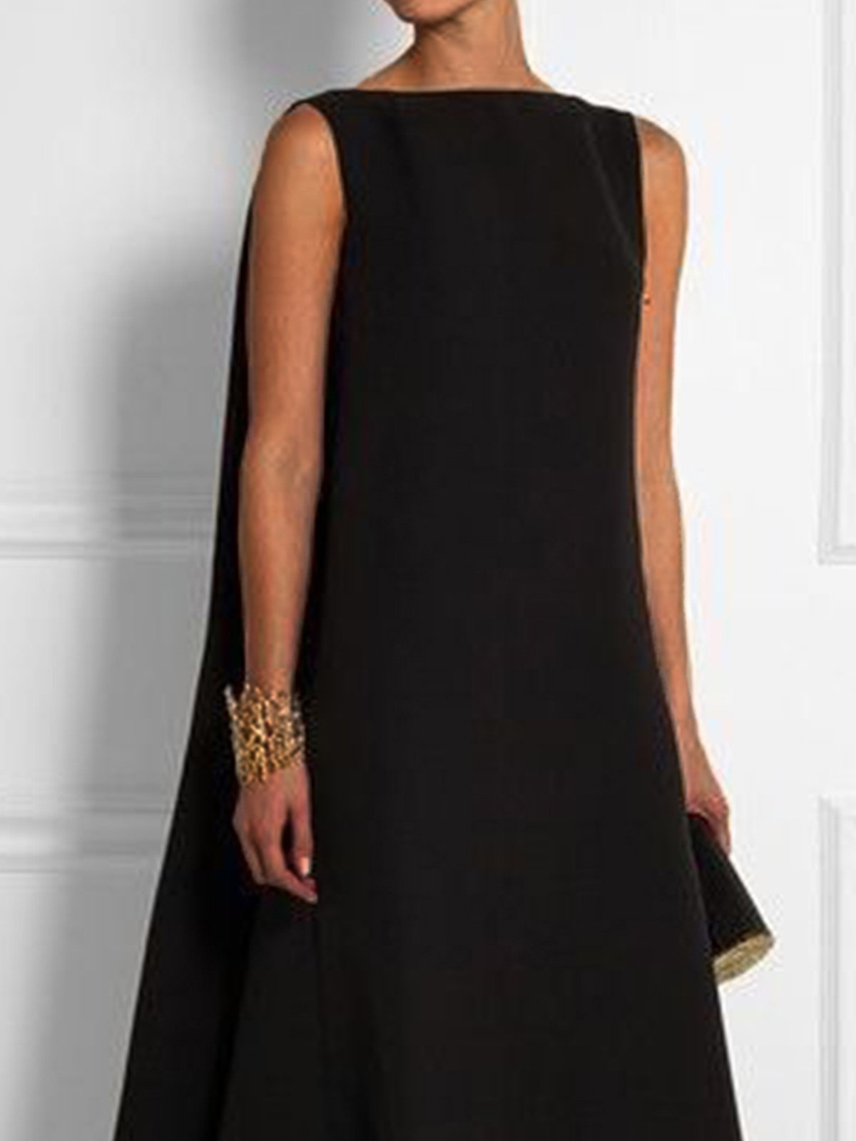 Fiesta Elegante Liso Negro Talla Grande Sin Mangas Vestido