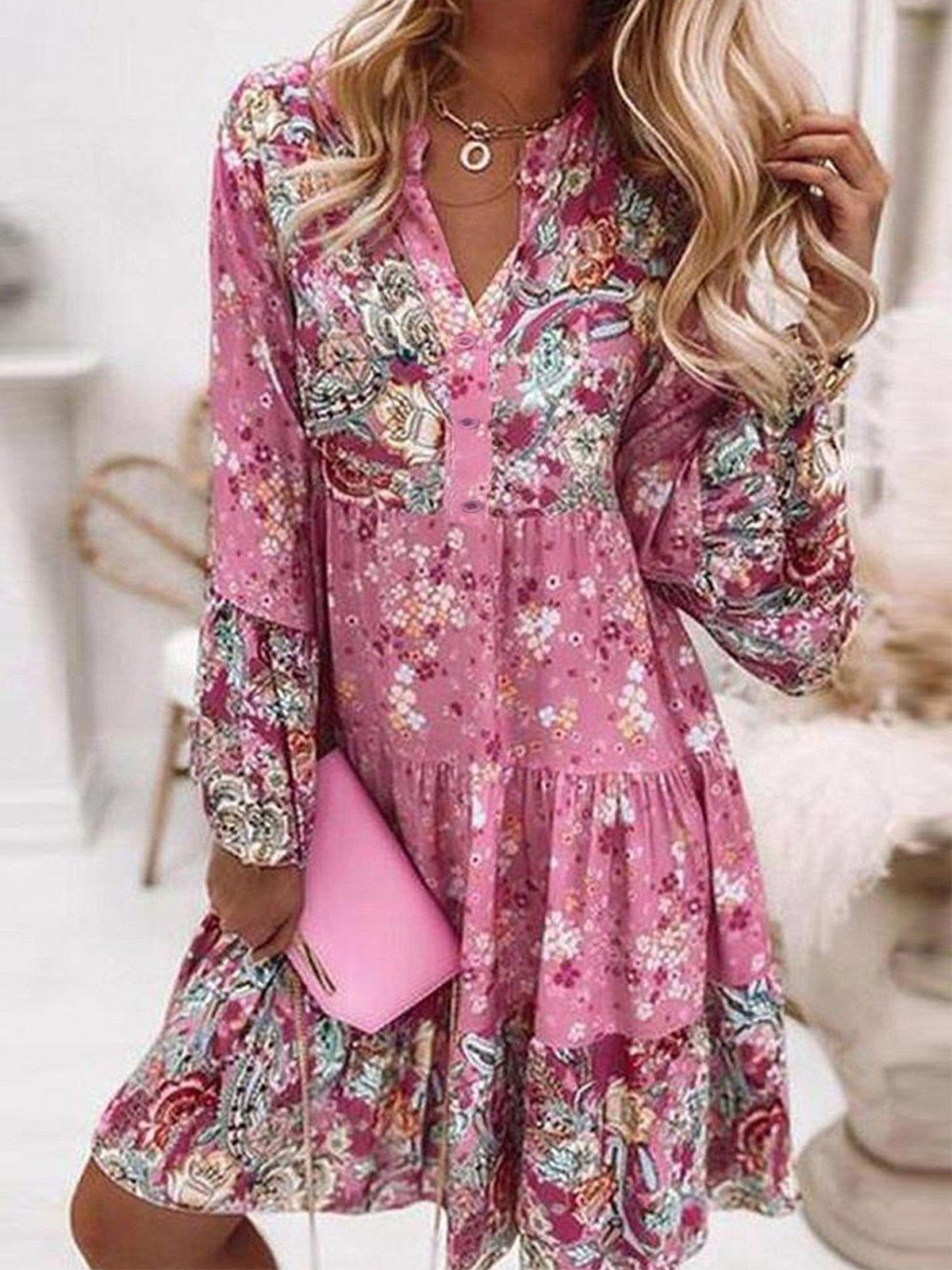 Boho Elegante Cuello Pico Floral Manga Larga Tejido Vestido