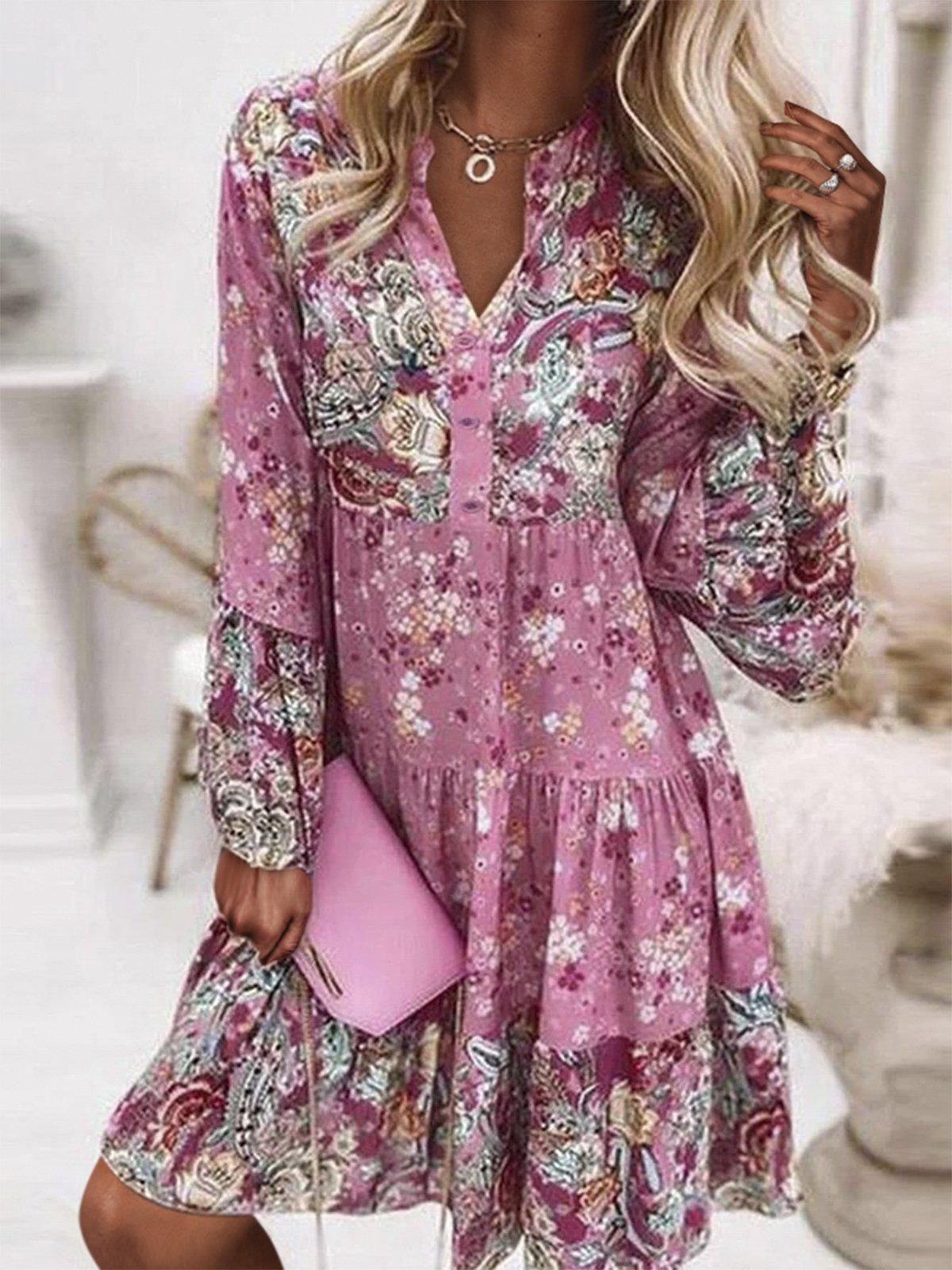 Boho Elegante Cuello Pico Floral Manga Larga Tejido Vestido