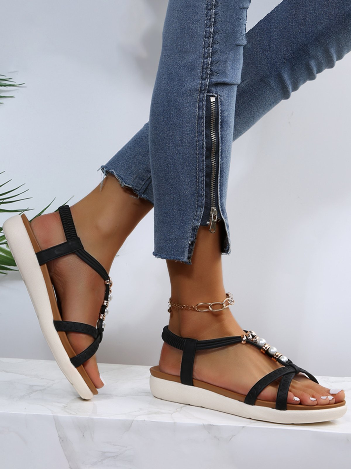 Perla Con Sarta De Cuentas Fino Correa Cruzado Bohemio Casual Sandalias