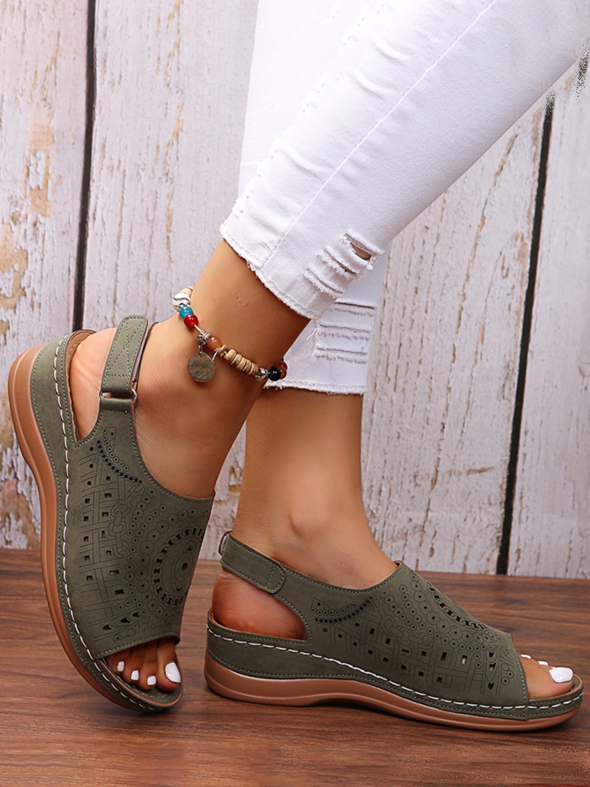 Boho Patrón Perforado Hueco Velcro Retro Sandalias