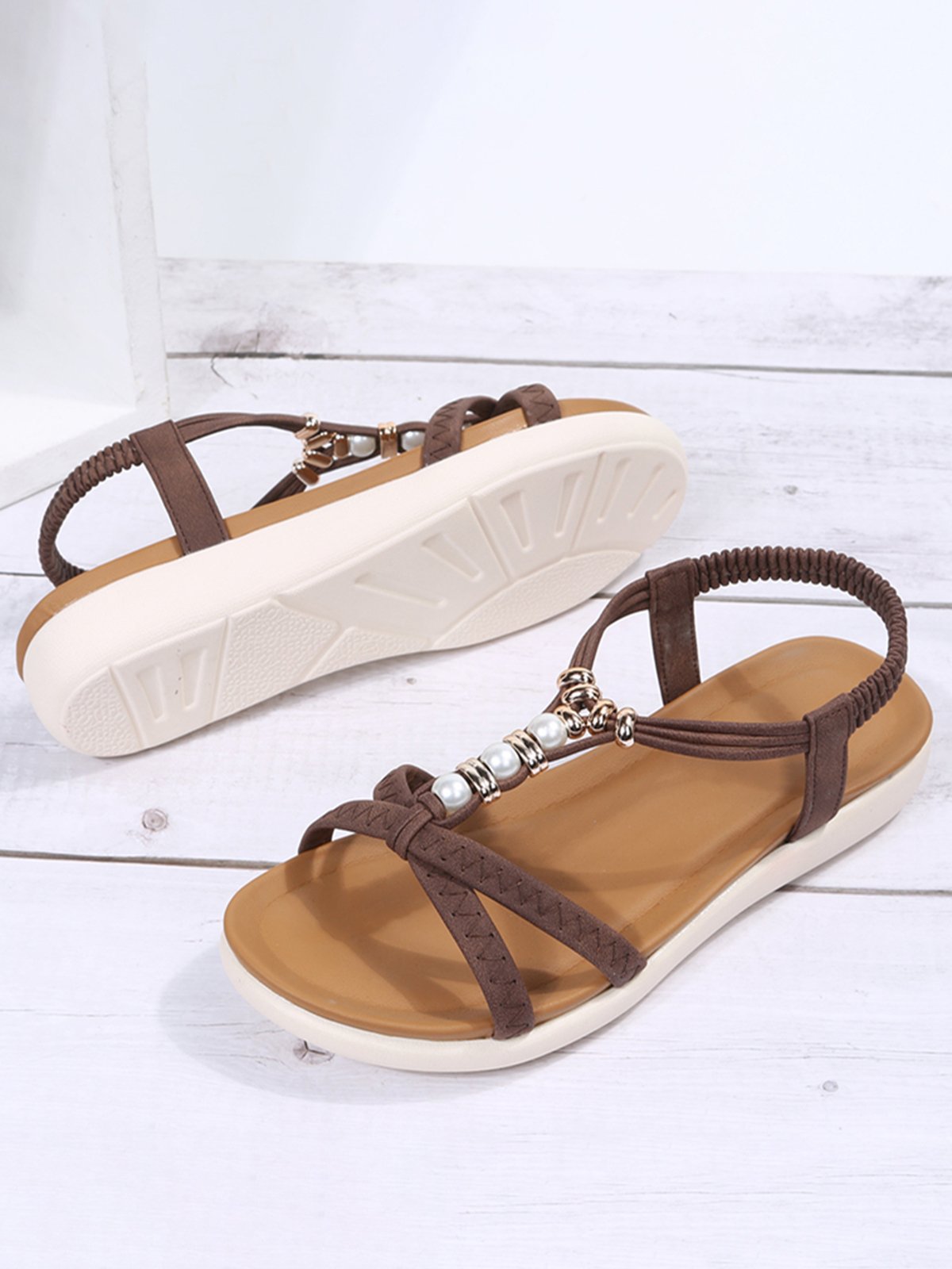 Perla Con Sarta De Cuentas Fino Correa Cruzado Bohemio Casual Sandalias