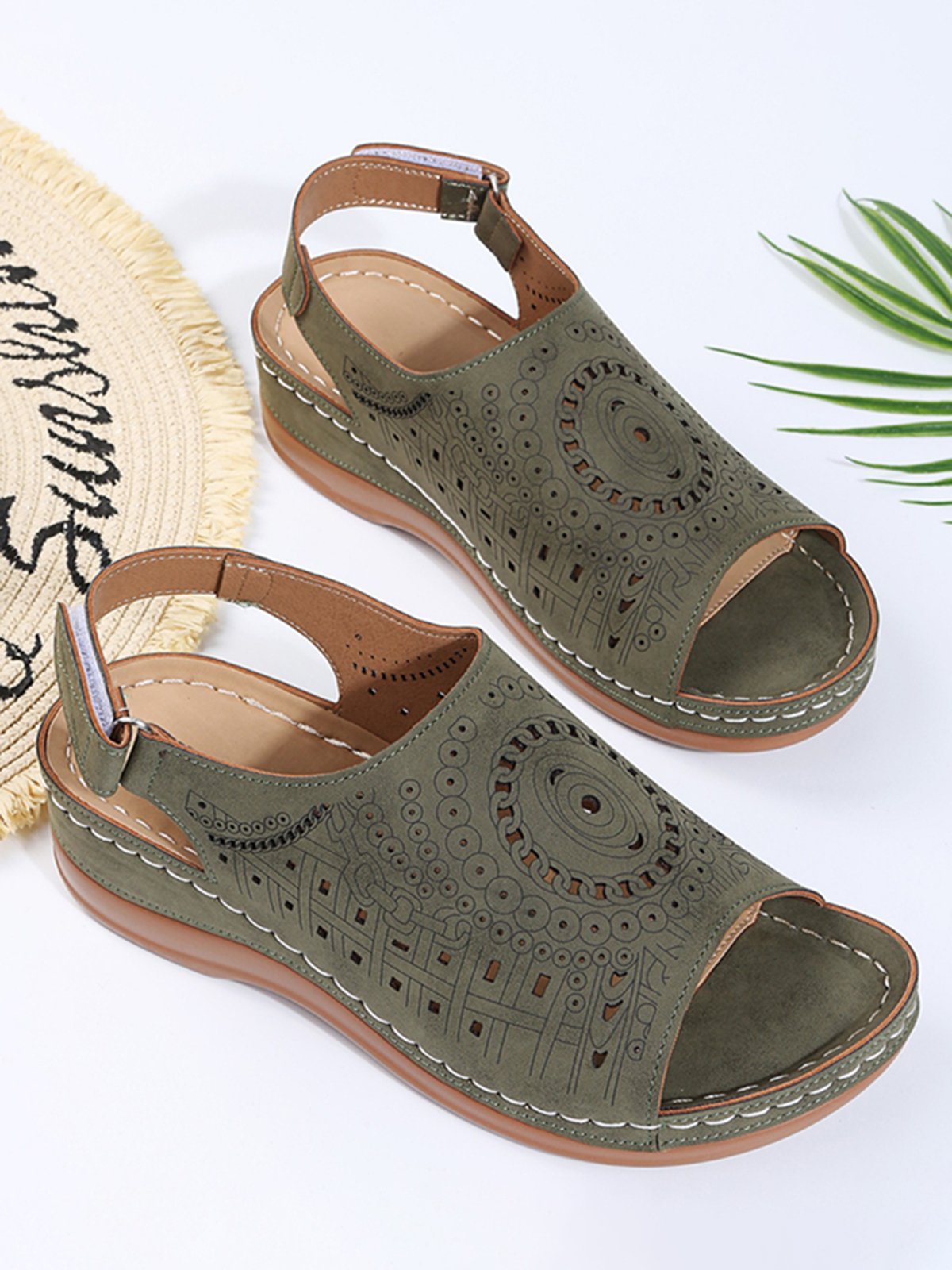 Boho Patrón Perforado Hueco Velcro Retro Sandalias