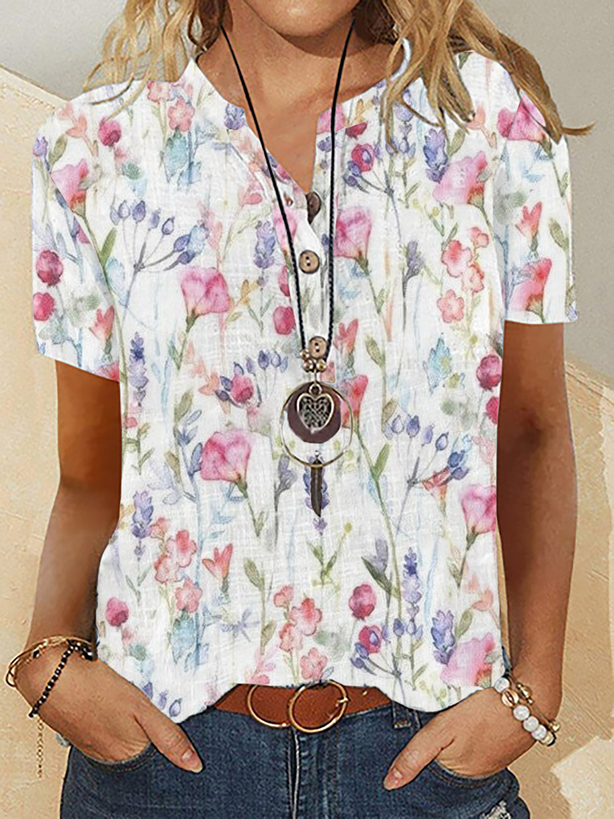 Floral Manga Corta Blusa