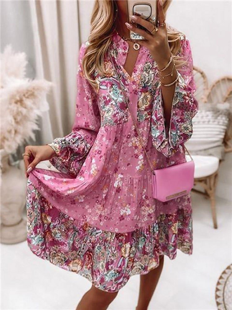 Boho Elegante Cuello Pico Floral Manga Larga Tejido Vestido