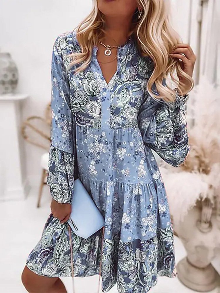 Boho Elegante Cuello Pico Floral Manga Larga Tejido Vestido