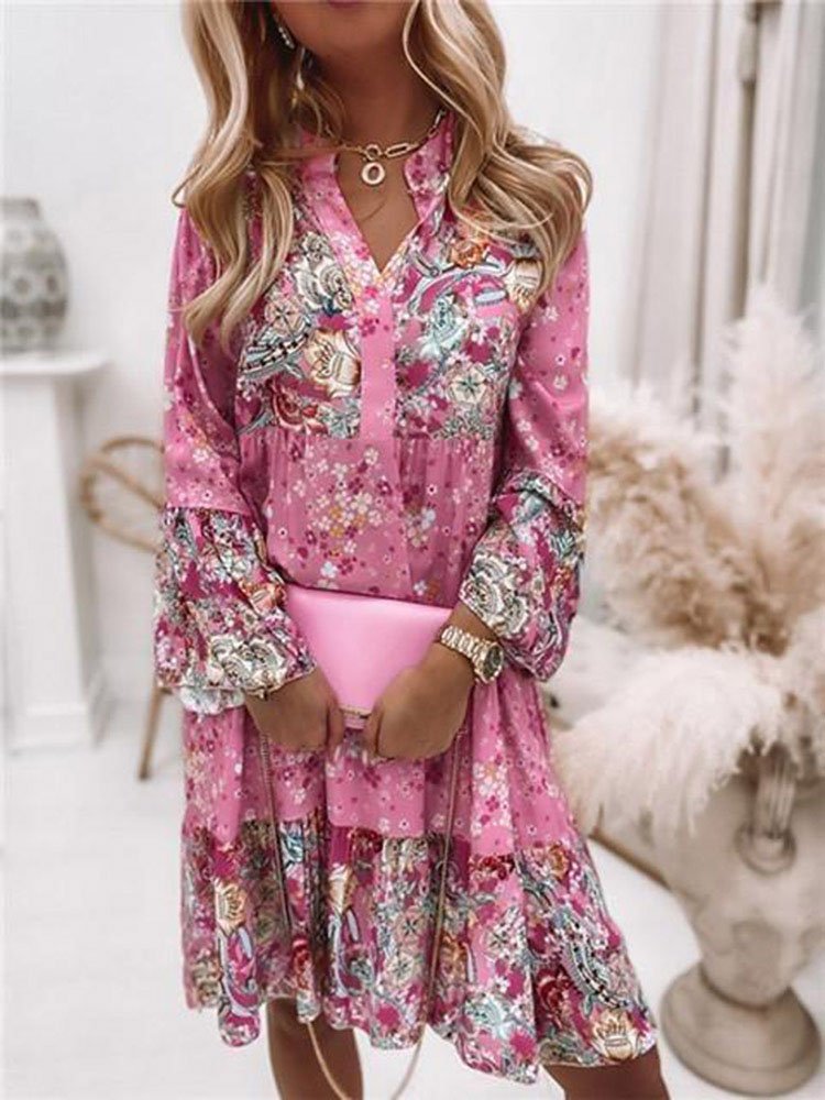 Boho Elegante Cuello Pico Floral Manga Larga Tejido Vestido