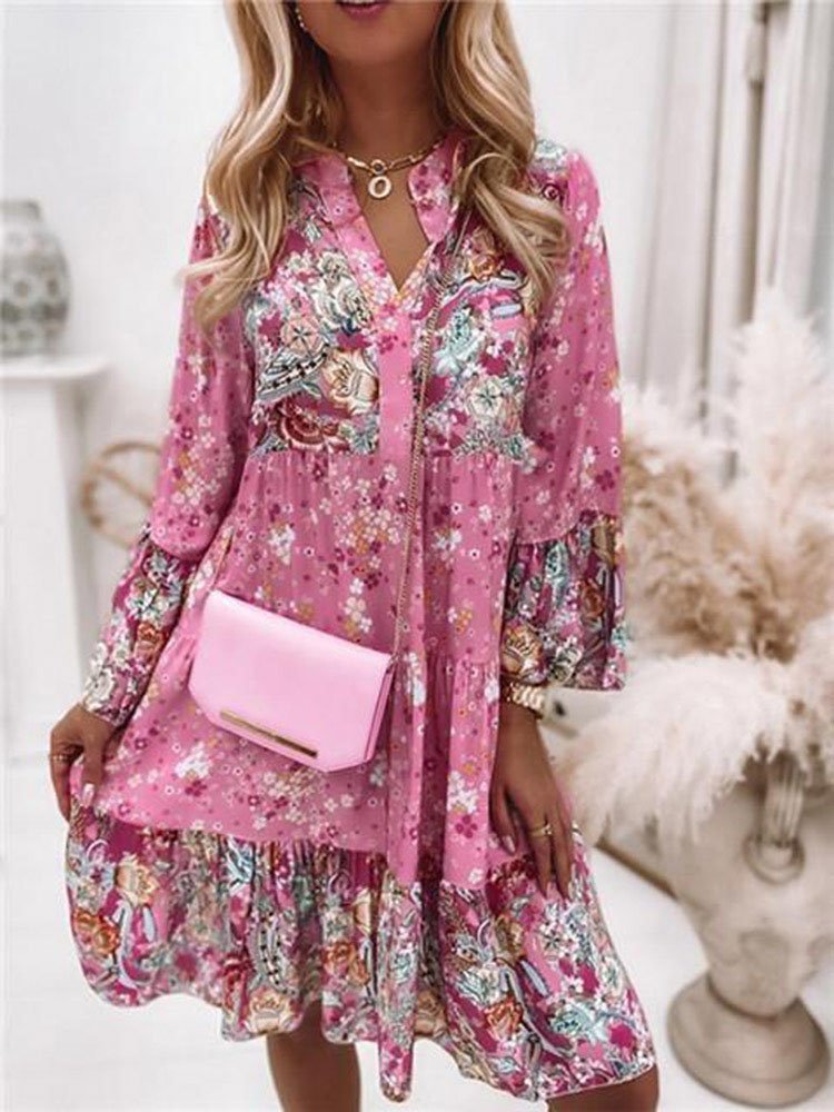 Boho Elegante Cuello Pico Floral Manga Larga Tejido Vestido