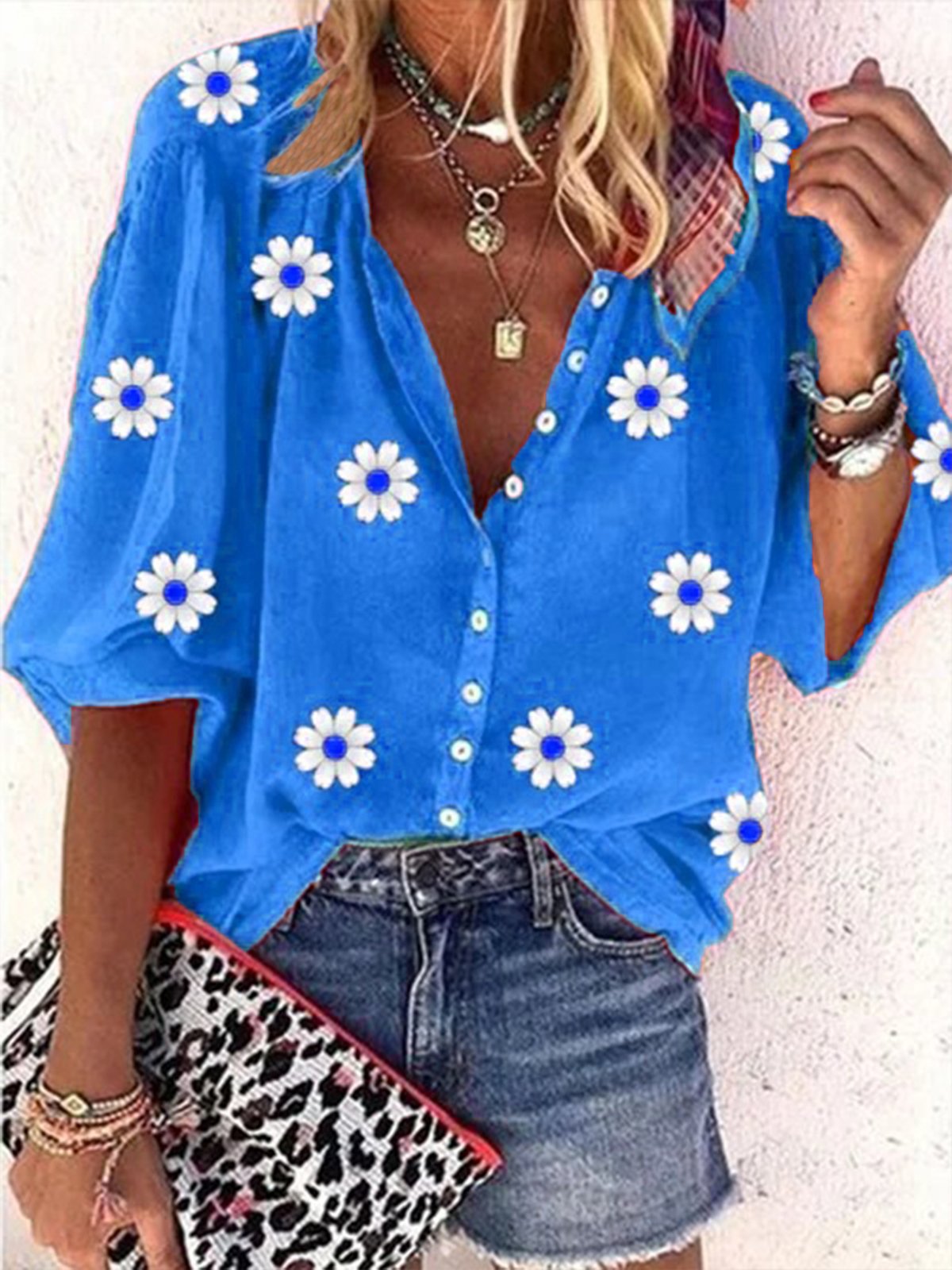 Casual Margarita Flojo Cuello Pico Tres Cuarto Blusa