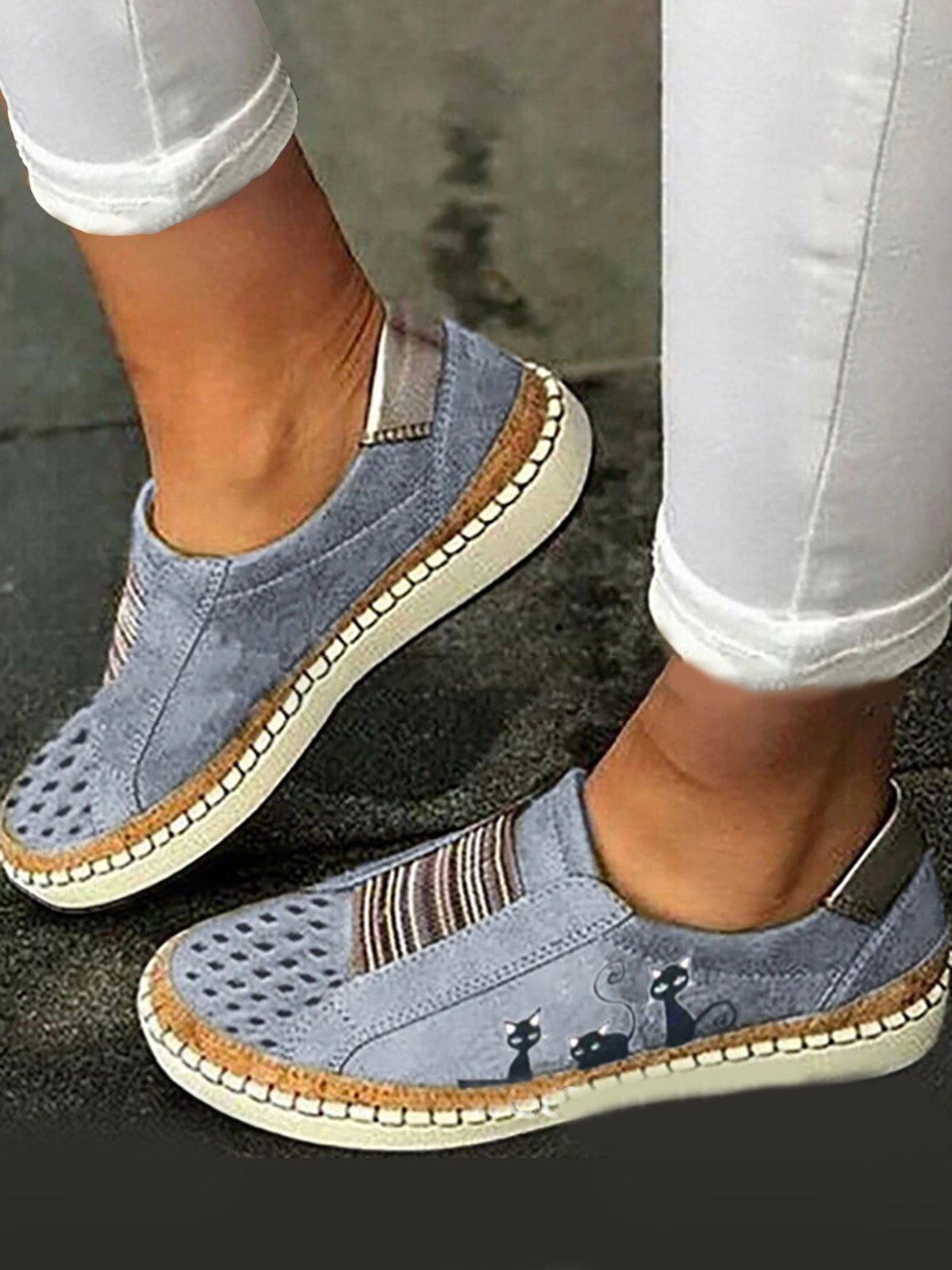 Casual Todas las Estaciones Gato Antideslizante Punta Cerrada Tela Víspera de Todos los Santos Slip-On EVA Zapatos Planos para Mujeres