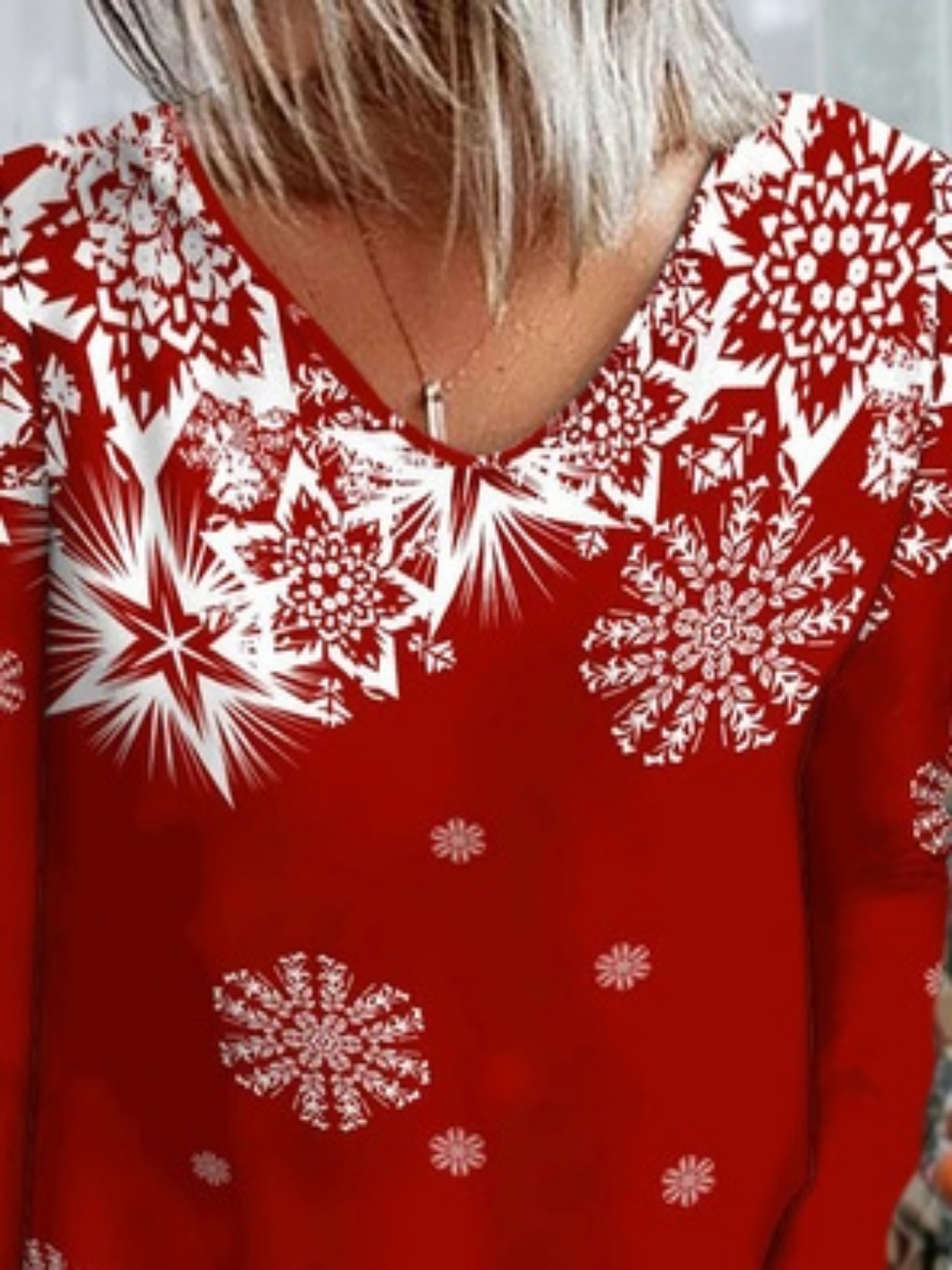 Navidad Copo de nieve Manga Larga Cuello Pico Casual T-Camisa