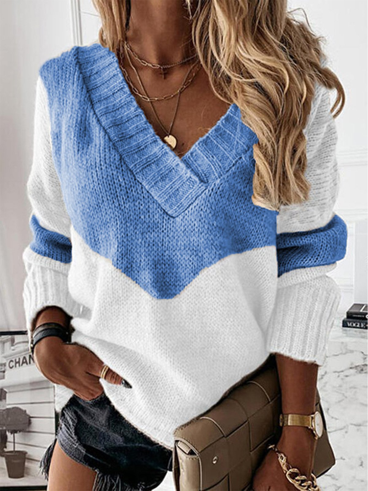 Casual Otoño Bloque de color Cuello Pico Peso Medio Microelasticidad Casual Lana / Tejer Regular Suéter para Mujeres