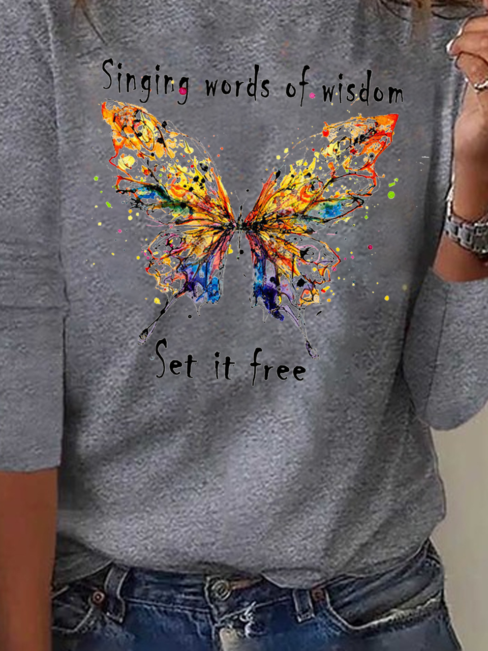 Mariposa Manga Larga Flojo Casual T-Camisa