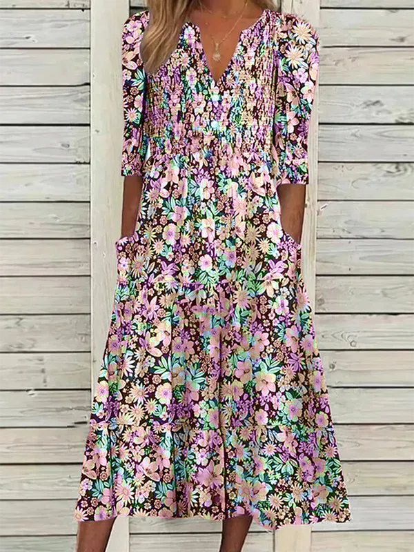 Floral Cuello Pico Casual Manga Media Vestido