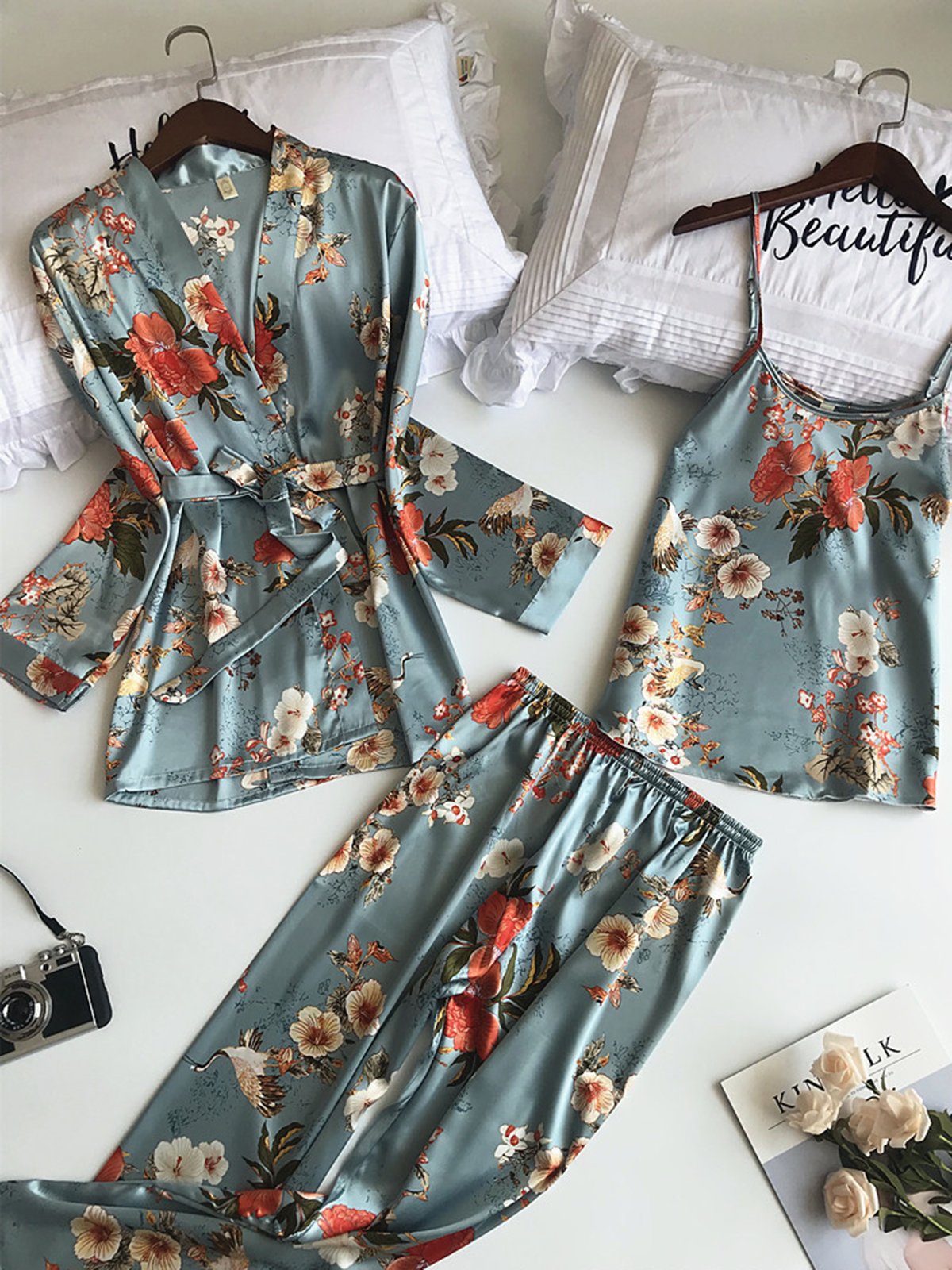 Floral Tela de Seda manga larga Chaqueta Camisola Pantalones Pijamas De tres piezas Traje