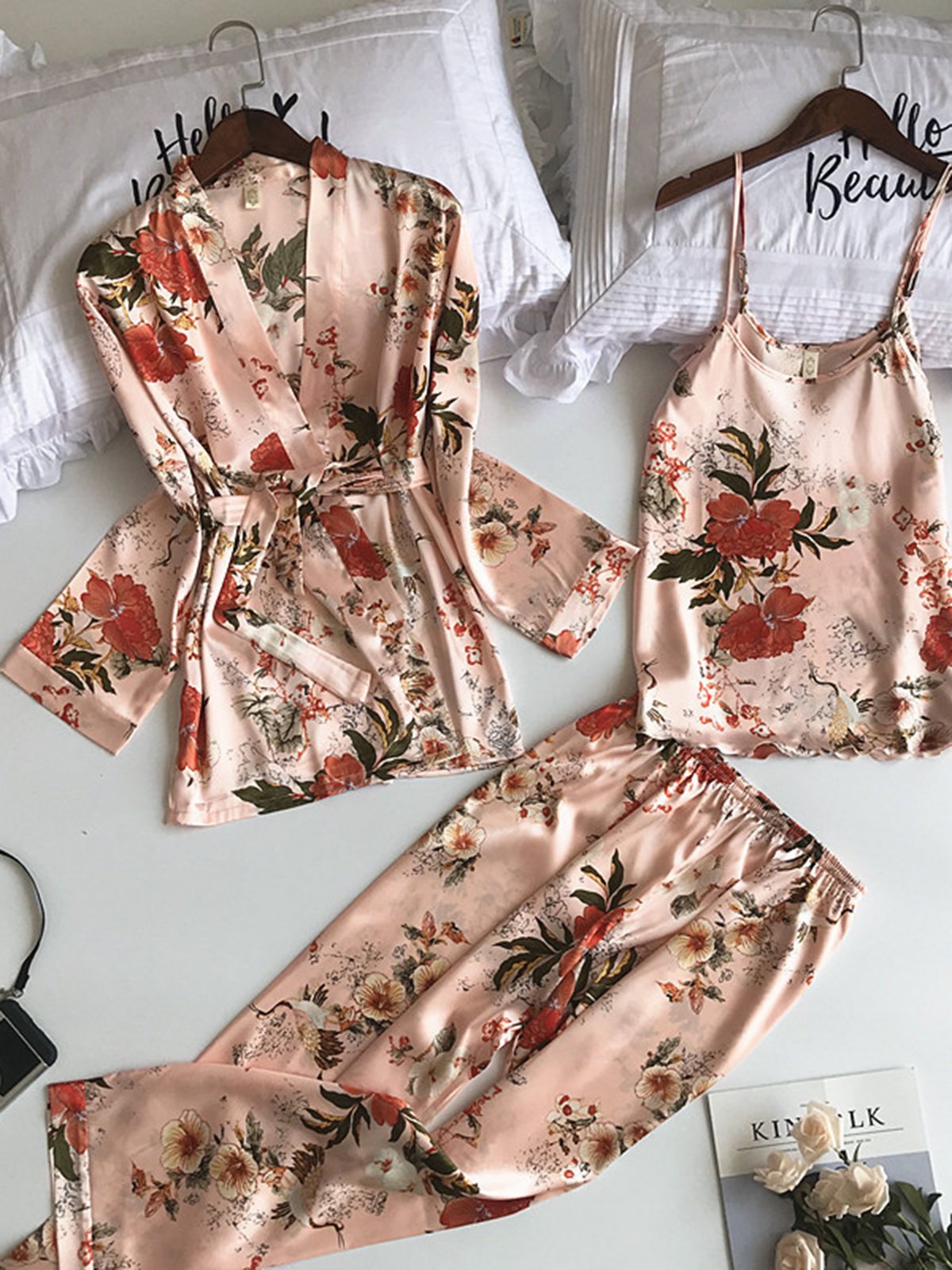 Floral Tela de Seda manga larga Chaqueta Camisola Pantalones Pijamas De tres piezas Traje