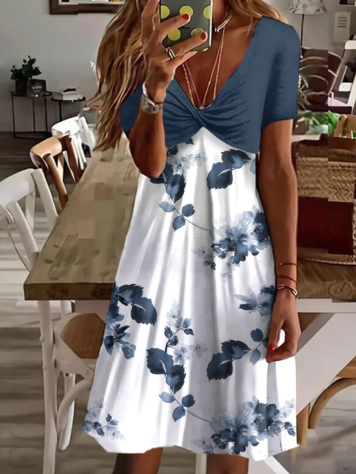 Jersey Casual Floral Cuello Pico Vestido