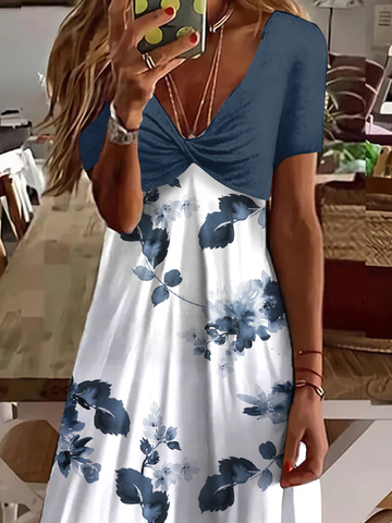 Jersey Casual Floral Cuello Pico Vestido