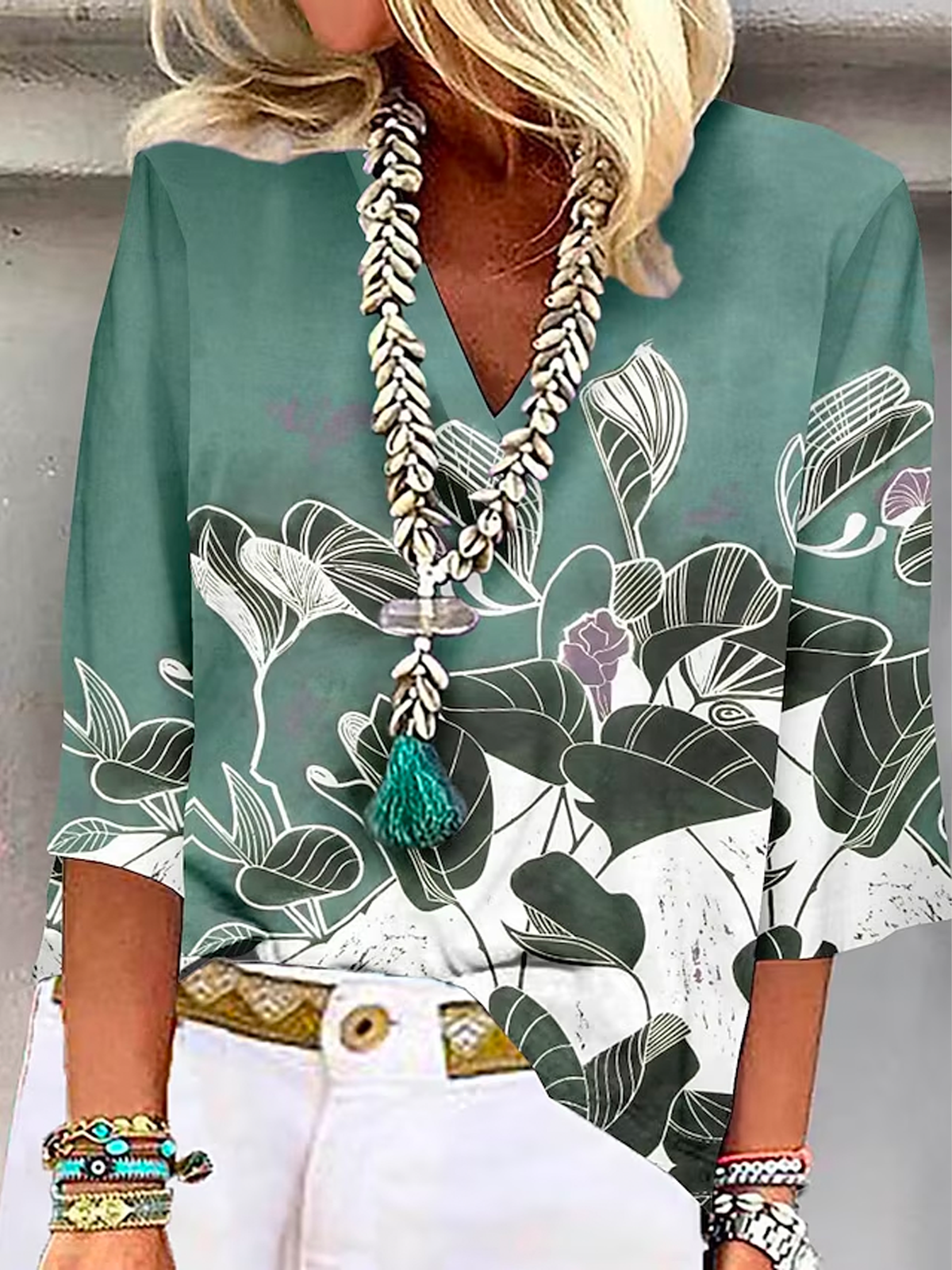 Floral Casual Cuello Pico Camisa