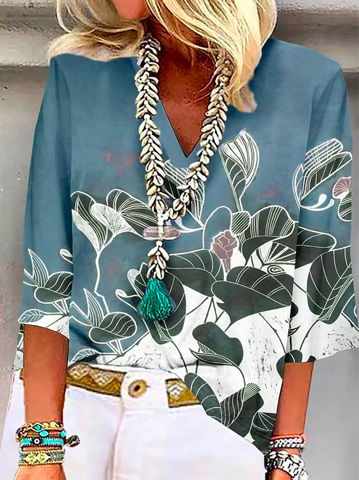 Floral Casual Cuello Pico Camisa