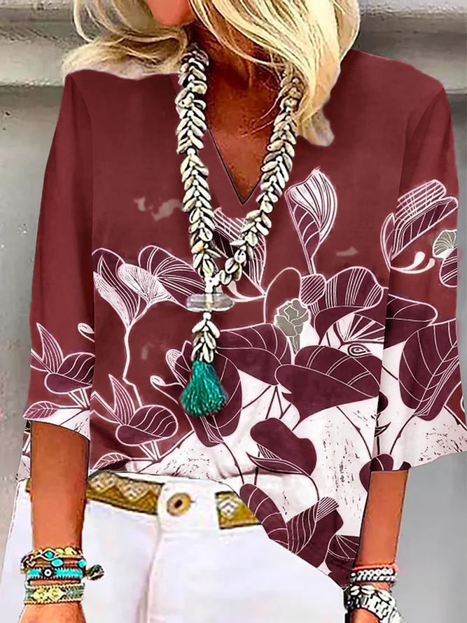 Floral Casual Cuello Pico Camisa