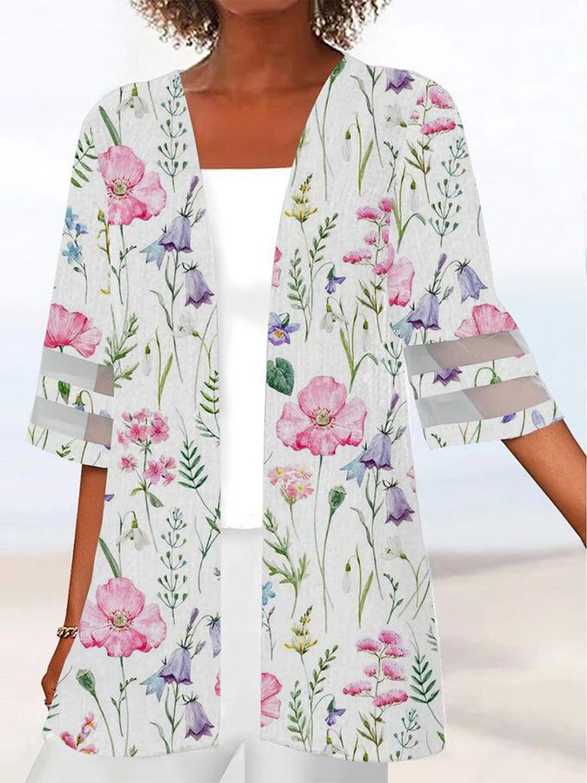 Floral Casual Malla Flojo Tres cuartos Kimono