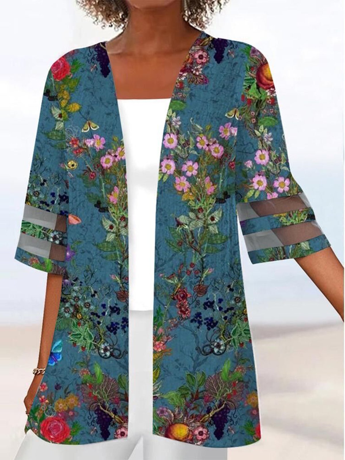 Floral Casual Malla Flojo Tres cuartos Kimono