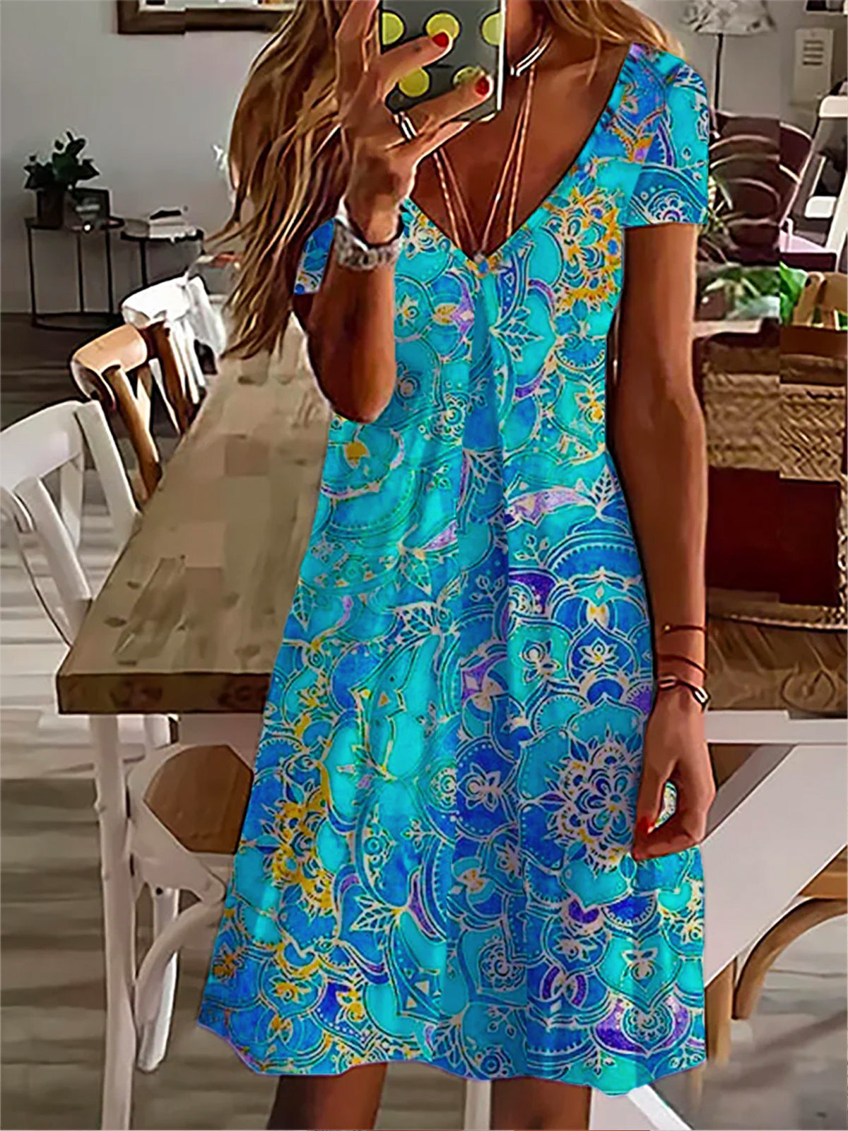 Playa Casual Talla Grande Cuello Pico Manga Corta Estampado Vestido