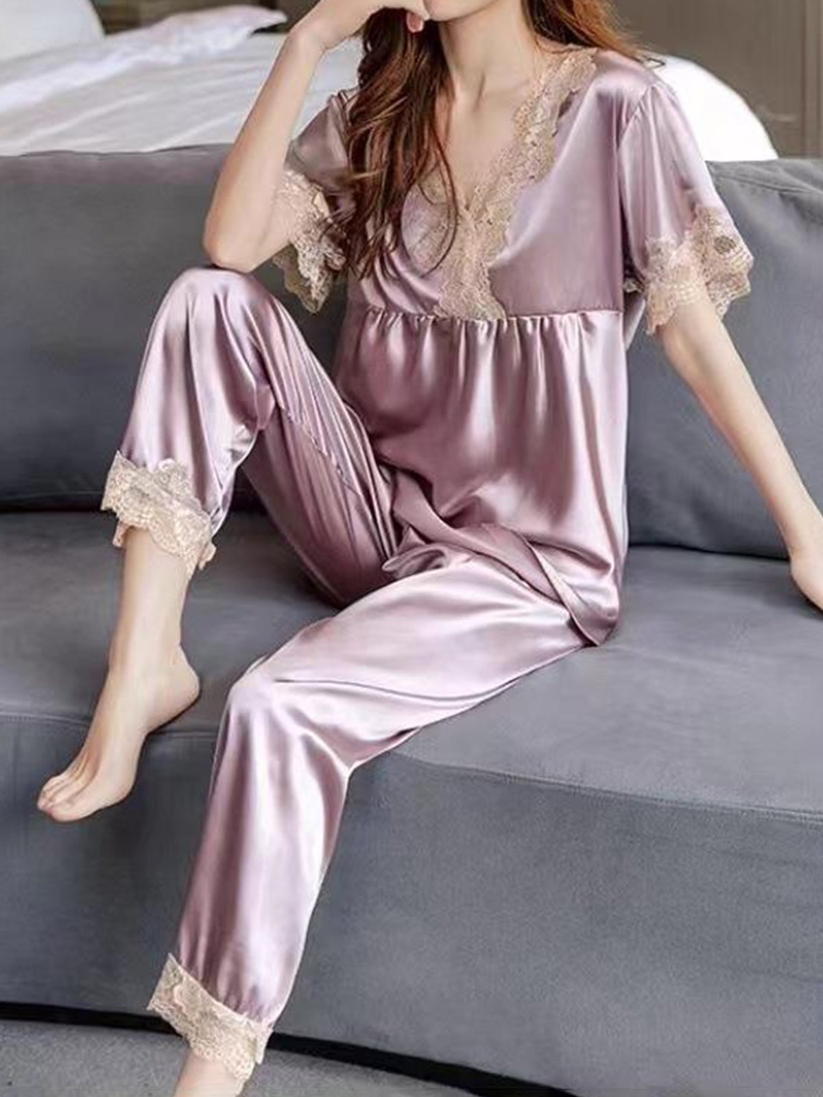 Mujer Elegante Cómodo Sedoso Sensual De Encaje Seda Cuello Pico Pijama Traje