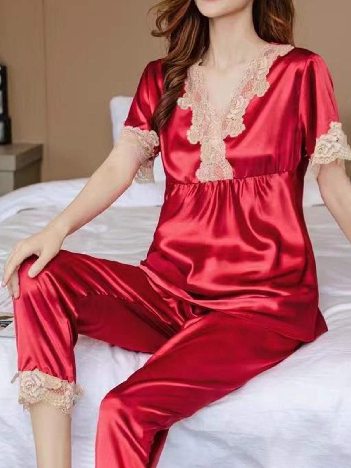 Mujer Elegante Cómodo Sedoso Sensual De Encaje Seda Cuello Pico Pijama Traje