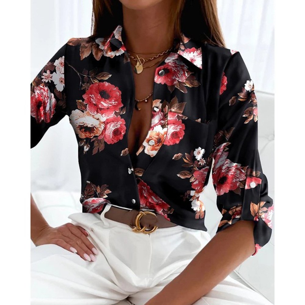 Cuello Camisero Flojo Casual Étnico Blusa