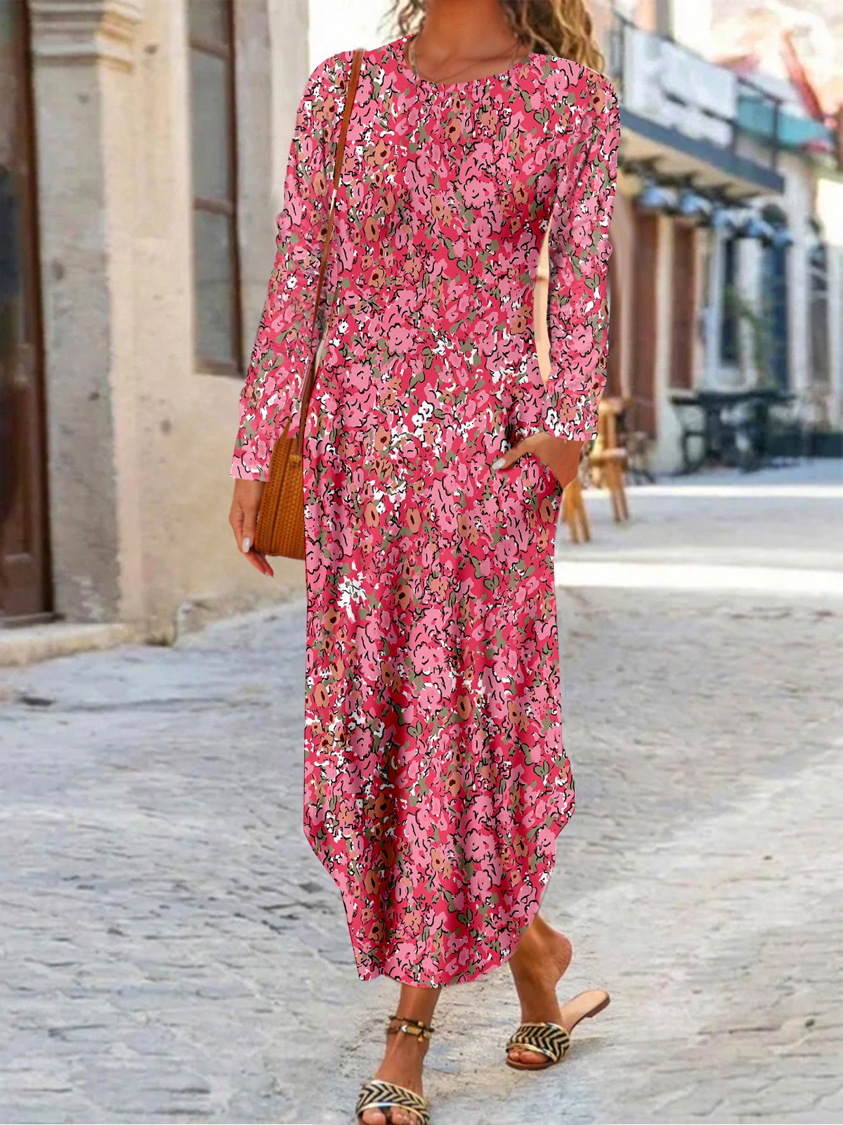 Casual Disty Floral Manga Larga Escote Redondo Vestido