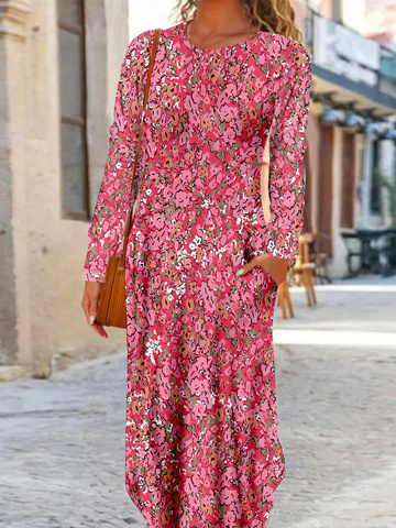 Casual Disty Floral Manga Larga Escote Redondo Vestido