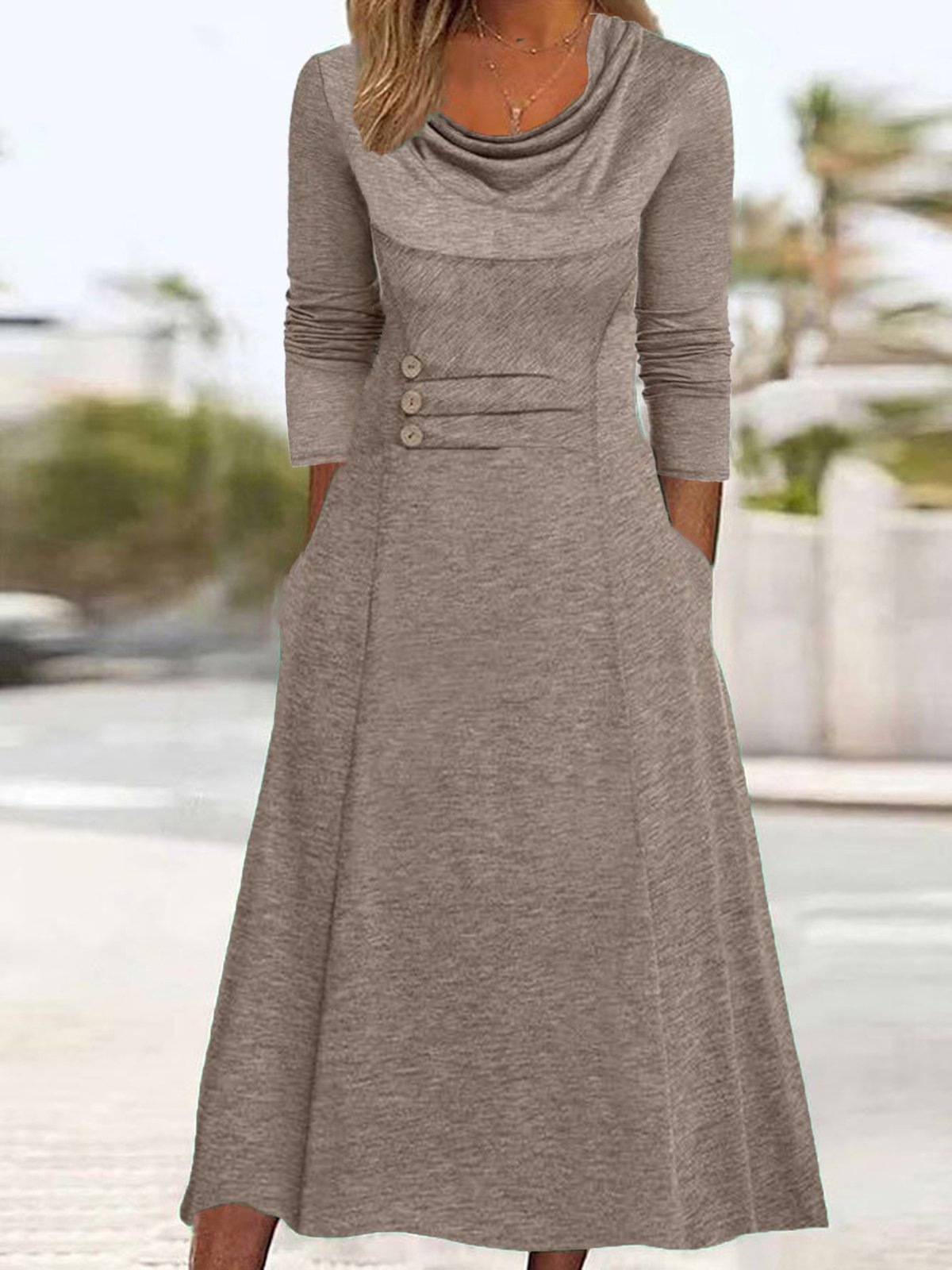 Casual Primavera / Otoño Diario Maxi Vestido Caqui Hebilla Liso