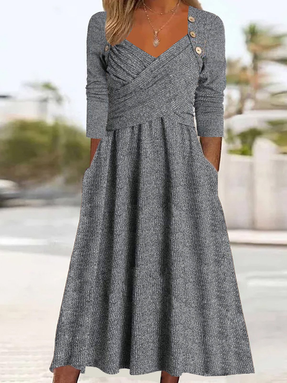 Casual Primavera / Otoño Diario Maxi Vestido Gris Hebilla Liso