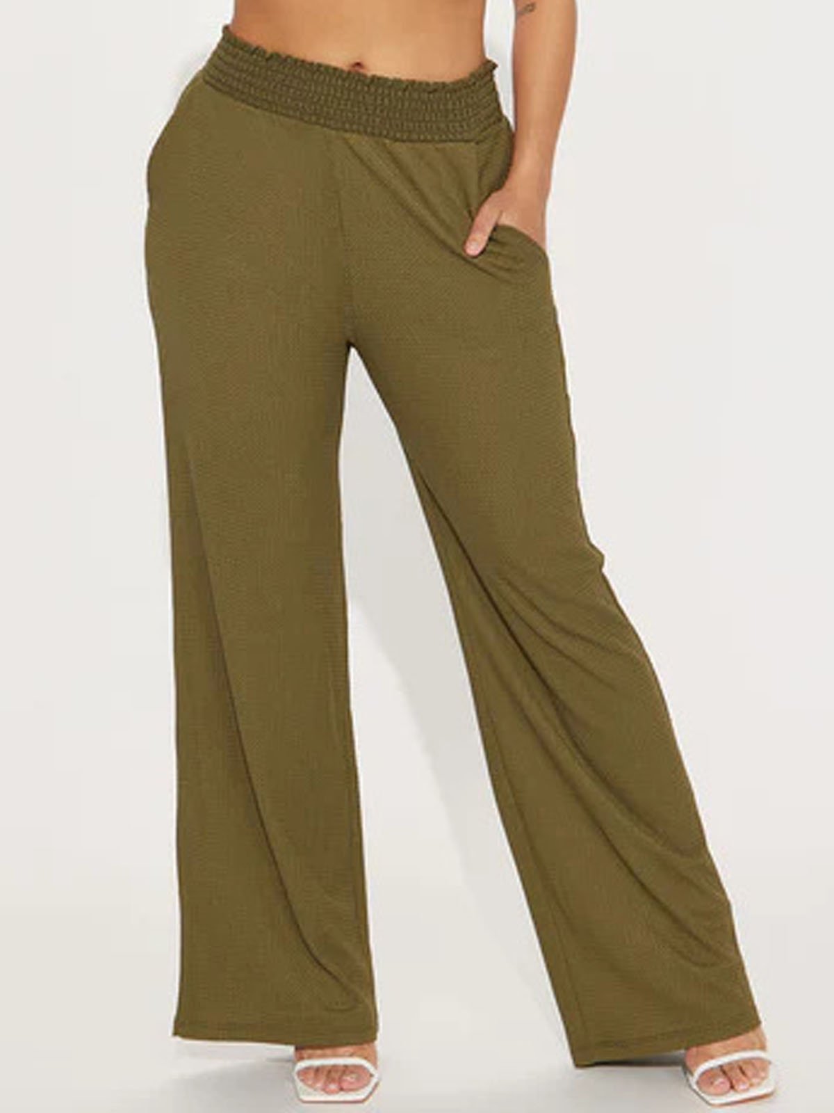 Casual Liso Natural Largo pantalones rectos