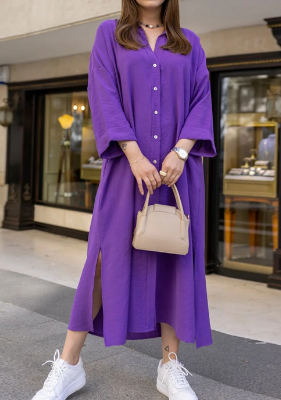 Casual Primavera / Otoño Diario Maxi Vestido Morado Liso