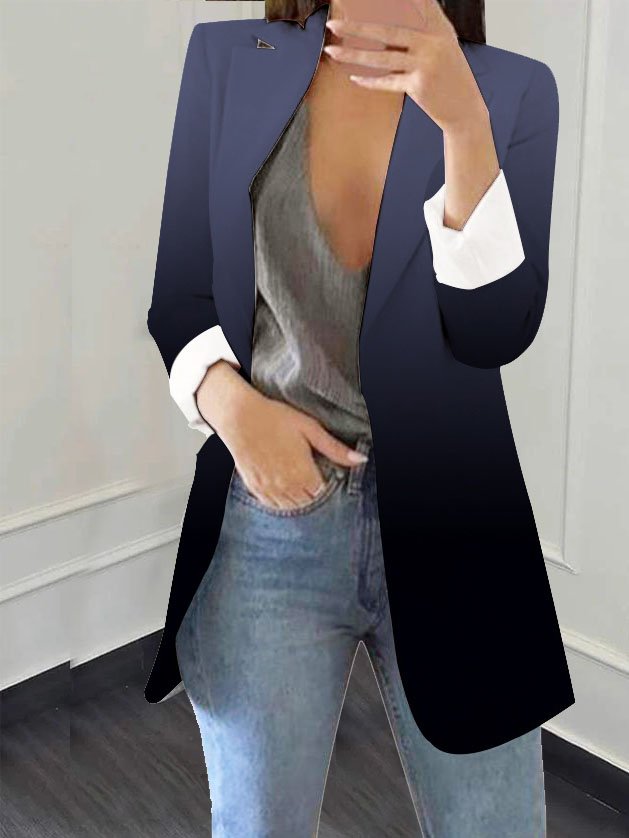 Cuello de Solapa Manga Larga Ombre Regular Flojo Chaqueta para Mujeres