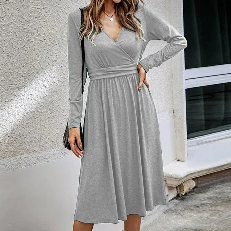 Casual Primavera / Otoño Diario Midi Vestido Gris Liso