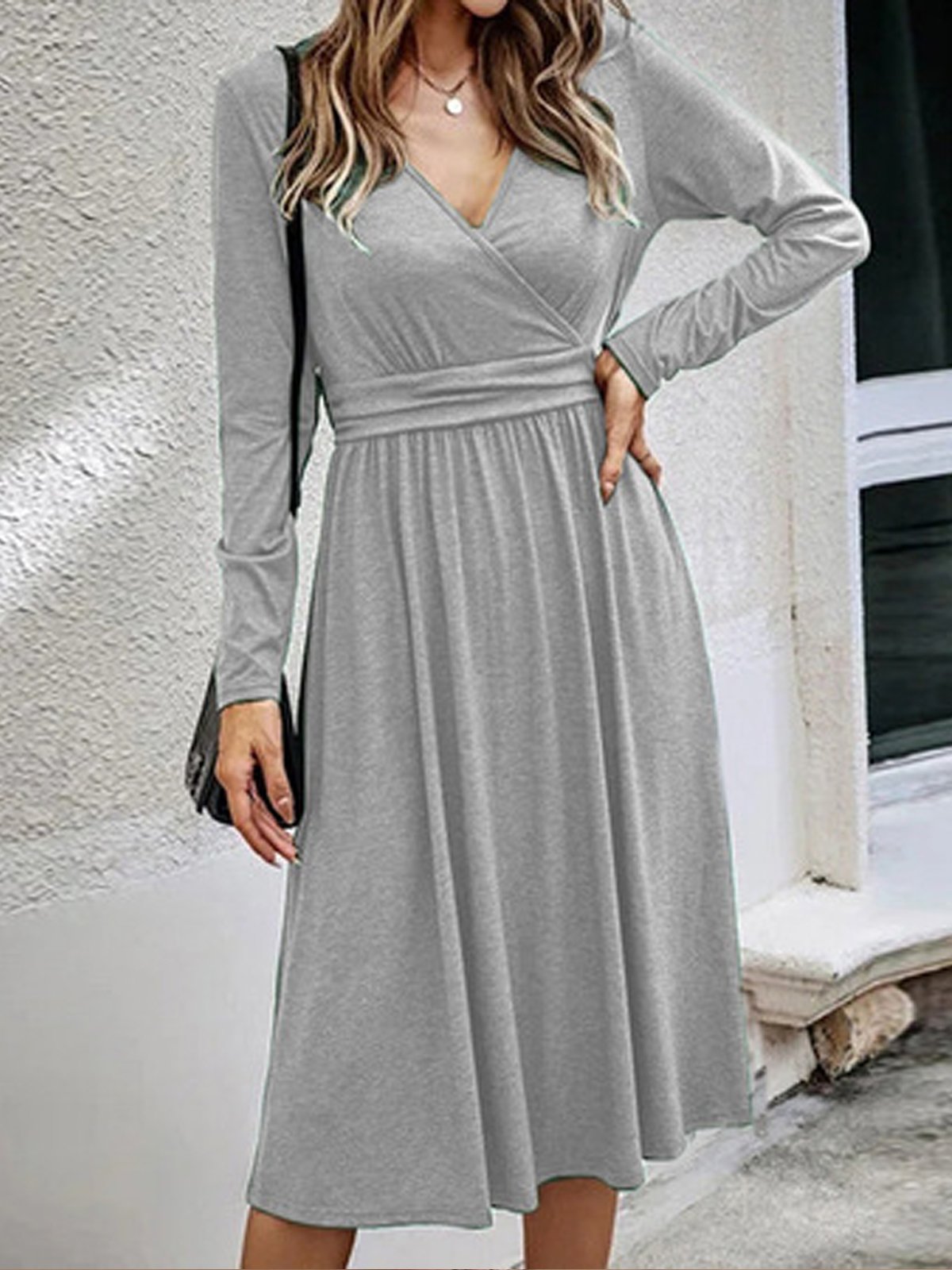 Casual Primavera / Otoño Diario Midi Vestido Gris Liso