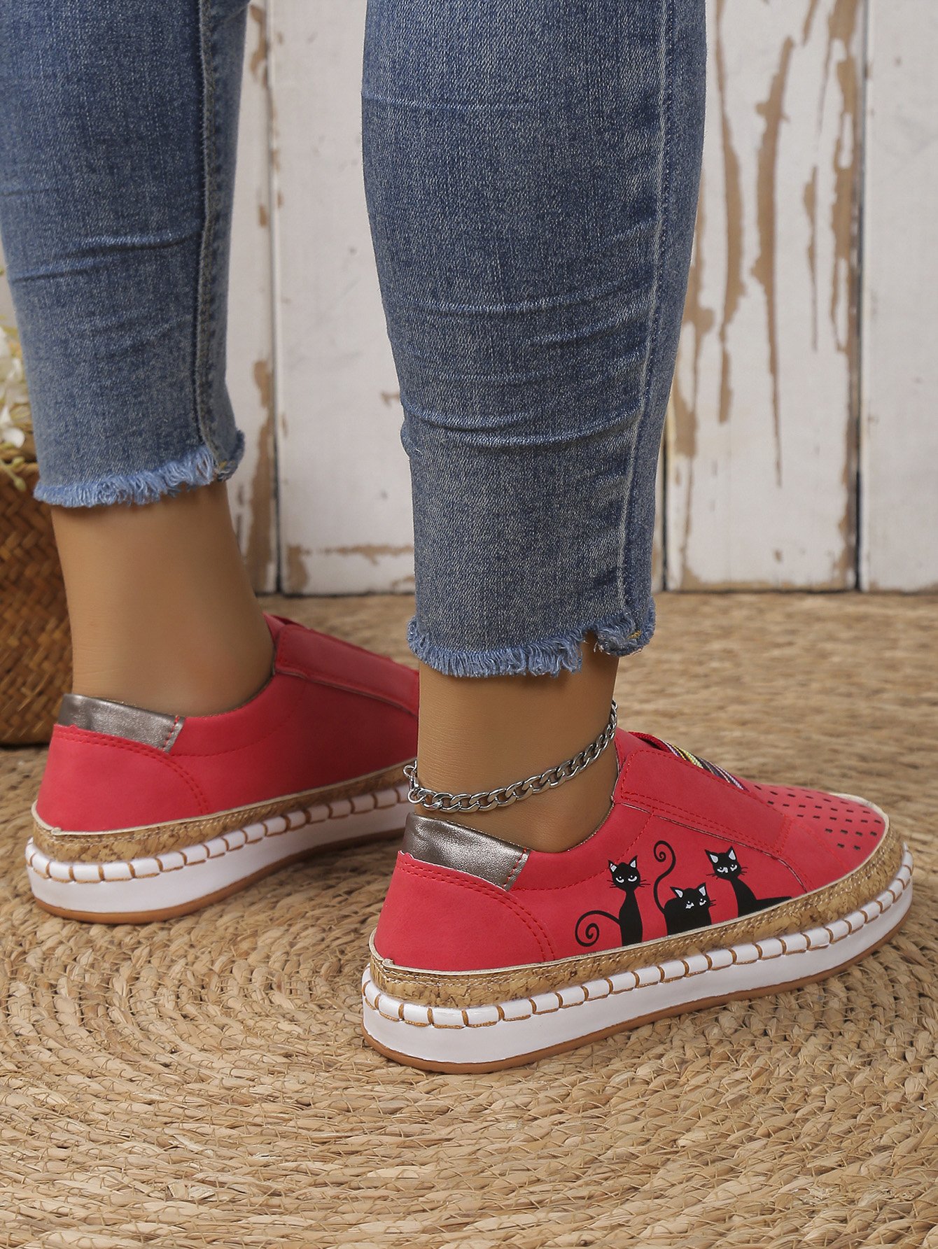 Casual Todas las Estaciones Gato Antideslizante Punta Cerrada Tela Víspera de Todos los Santos Slip-On EVA Zapatos Planos para Mujeres