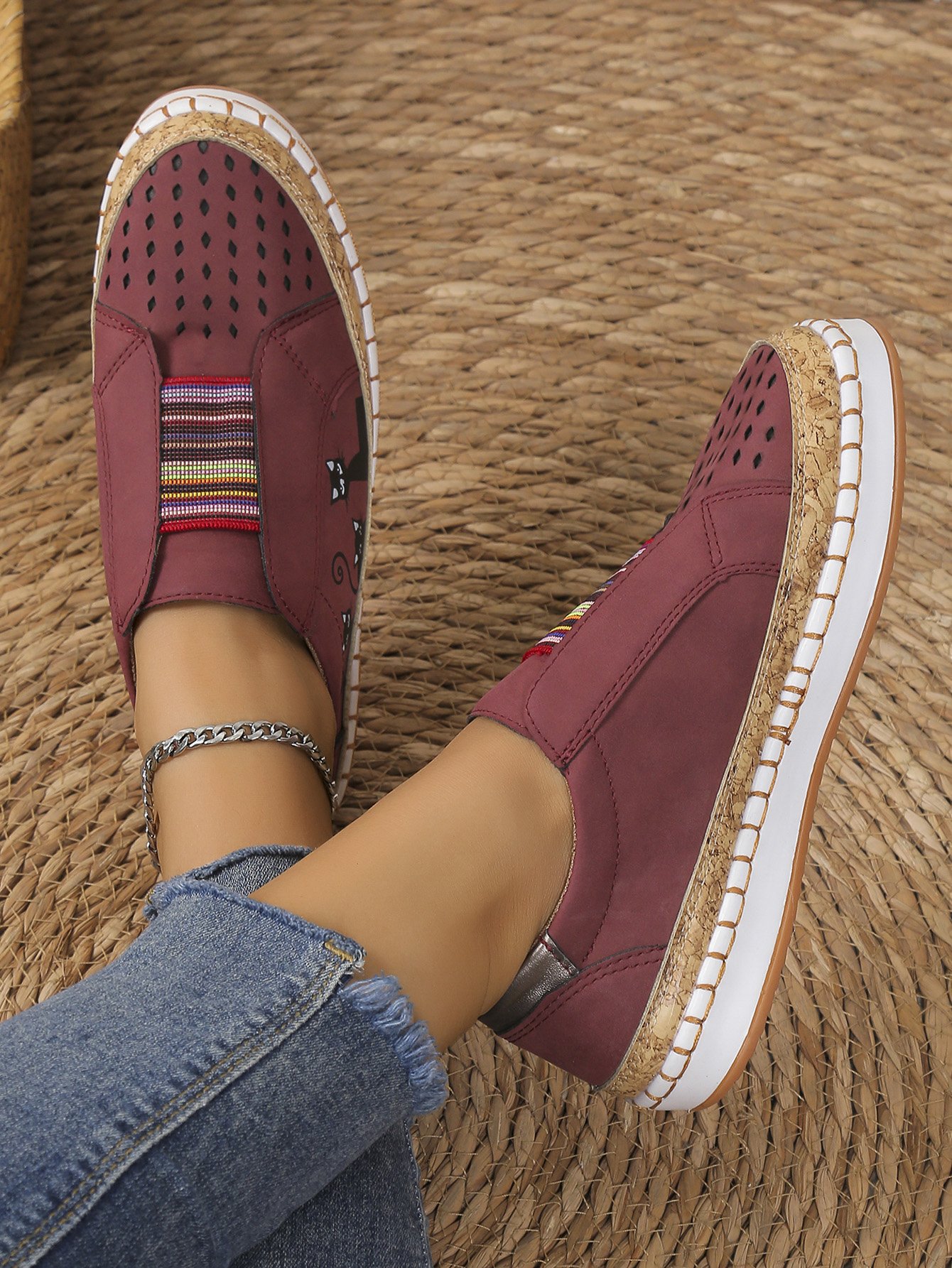 Casual Todas las Estaciones Gato Antideslizante Punta Cerrada Tela Víspera de Todos los Santos Slip-On EVA Zapatos Planos para Mujeres