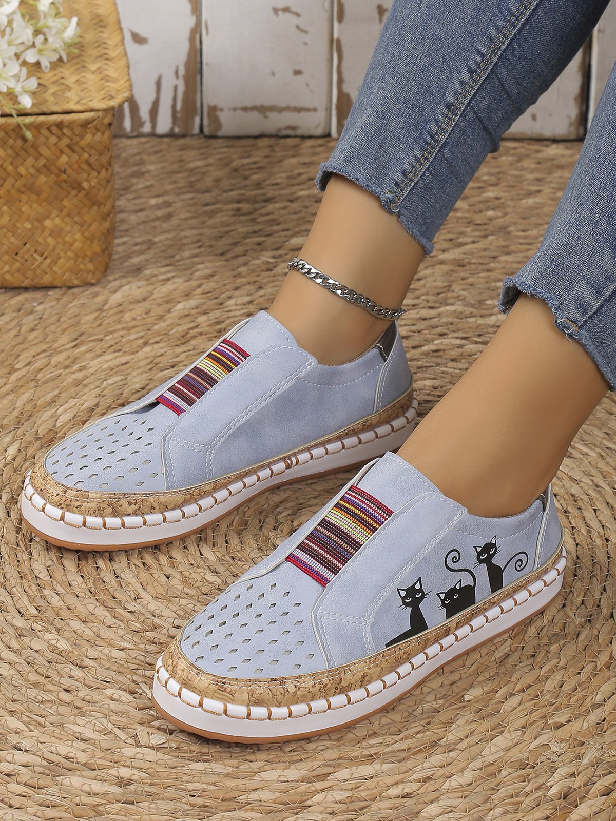 Casual Todas las Estaciones Gato Antideslizante Punta Cerrada Tela Víspera de Todos los Santos Slip-On EVA Zapatos Planos para Mujeres